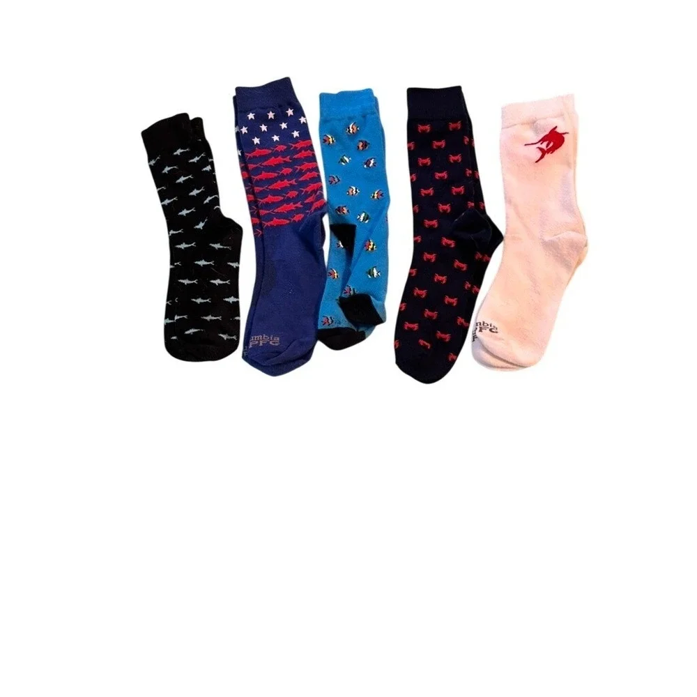 Columbia PFG Mens Crew Socks 5 Pair‎ Bundle Nautical Shark Fish Crab Patriotic